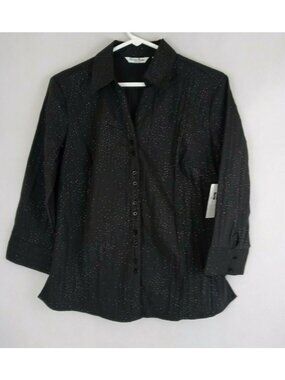 NWT Quizz Again Stretch Women's Button Up Black Metallic Blouse Size Small